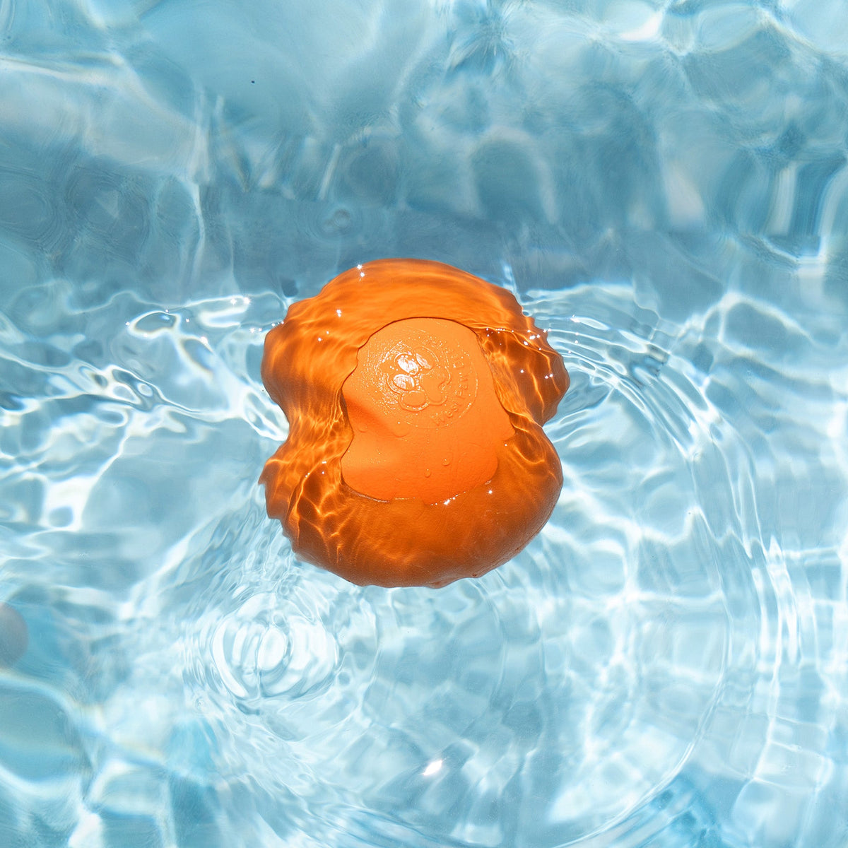 An orange West Paw Jive ball floating in clear blue water