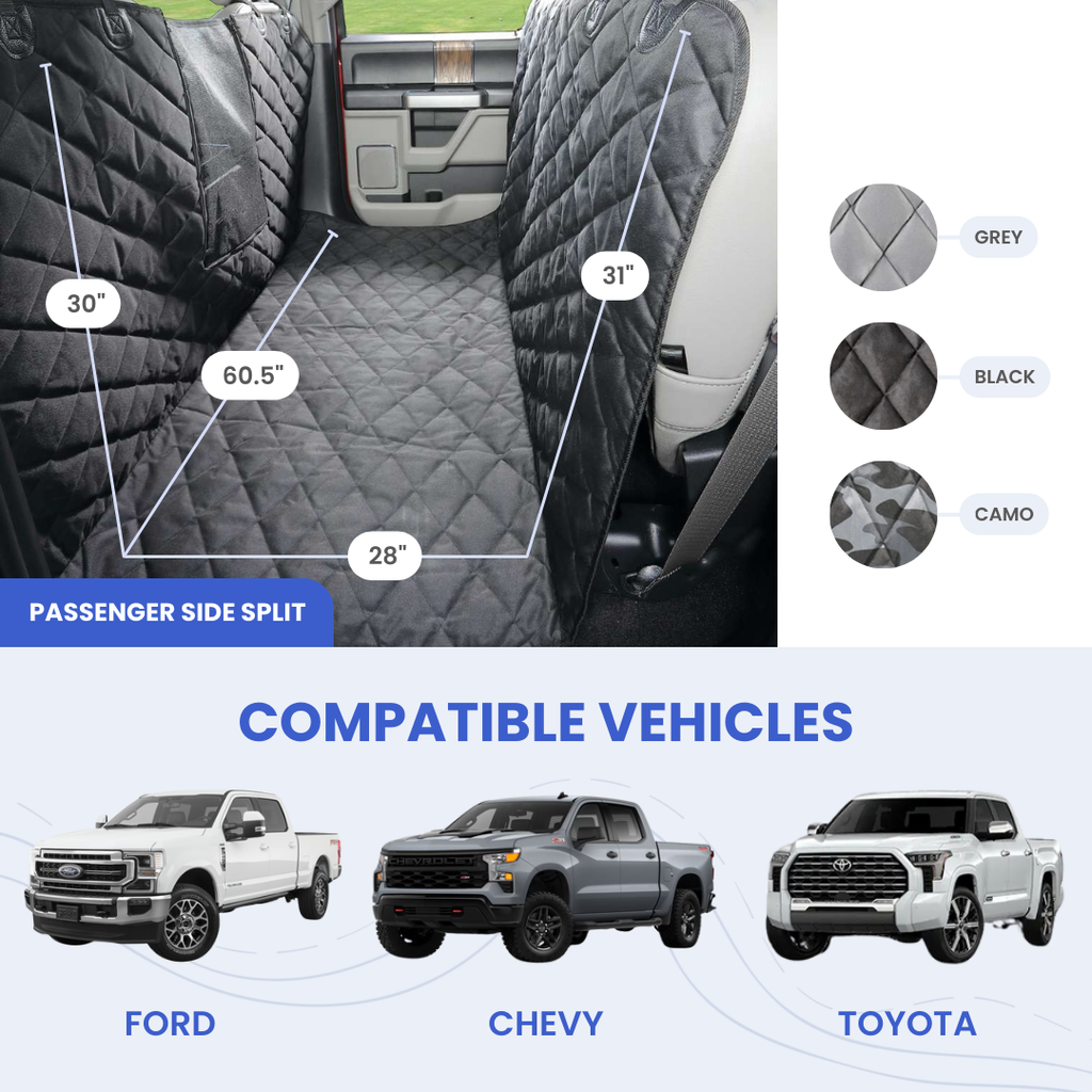 Black Floor Hammock with its measurements, grey, black and camo swatches, and Ford, Chevy and Toyota trucks