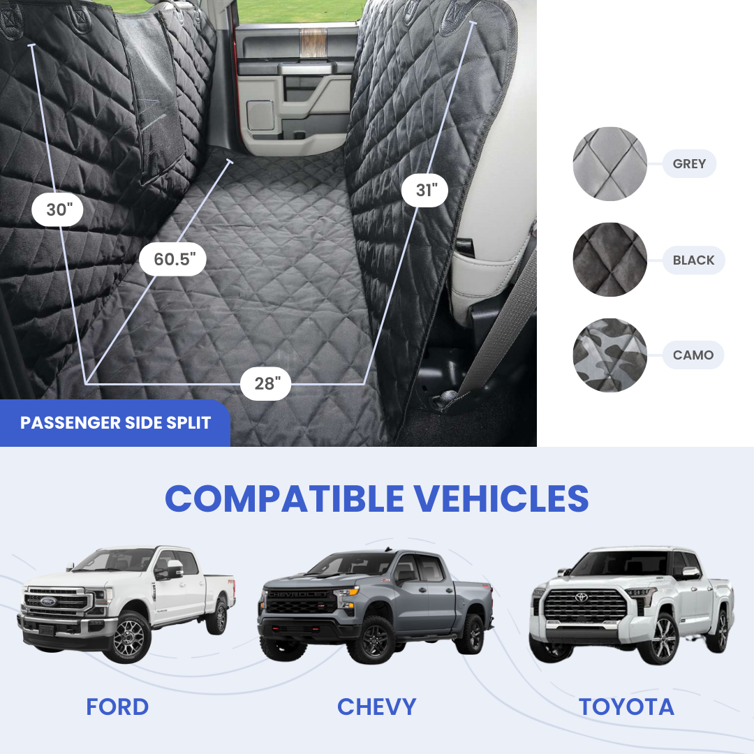 Black Floor Hammock with its measurements, grey, black and camo swatches, and Ford, Chevy and Toyota trucks