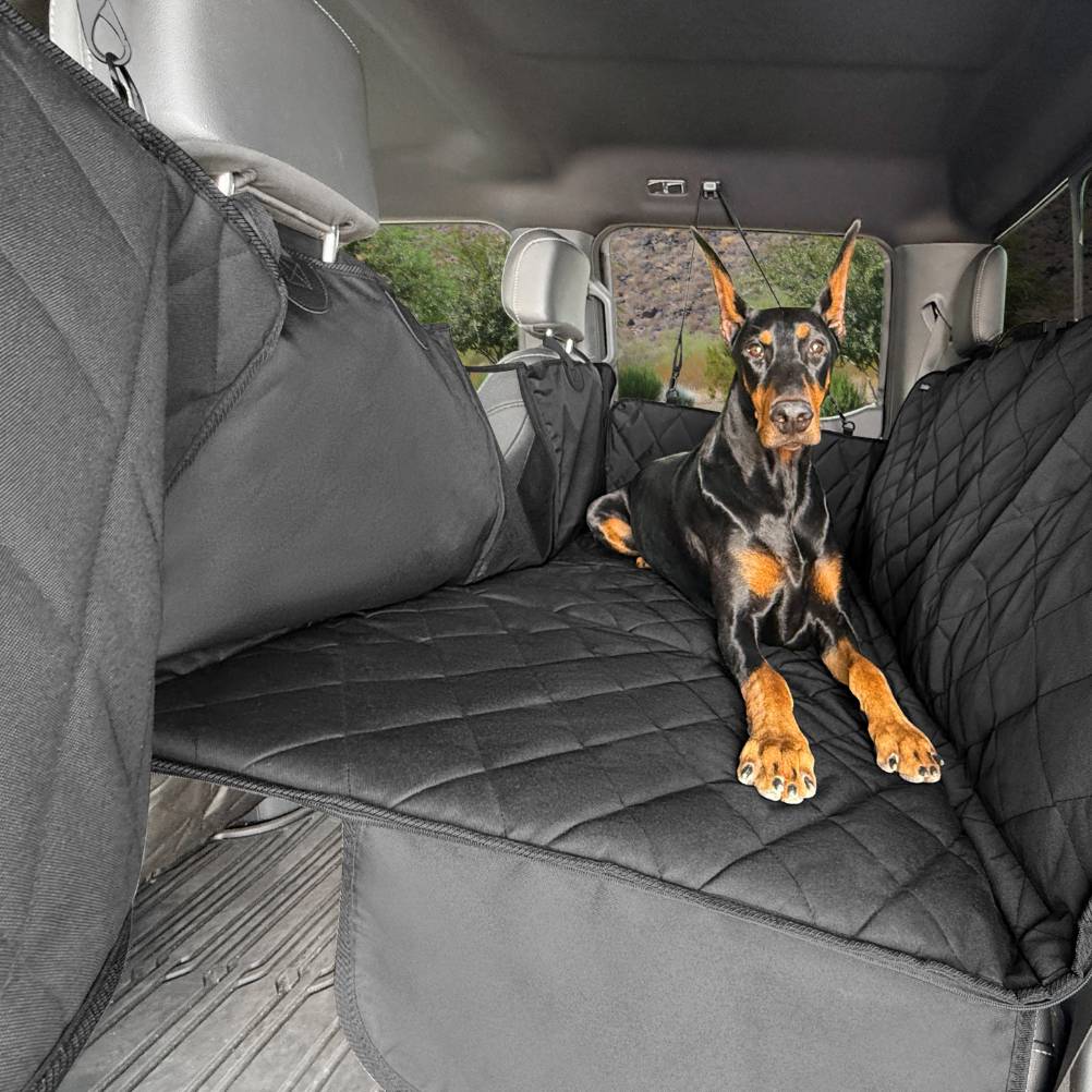 Doberman lying on a black 4Knines extender beside the folded headrests in a car's back seat