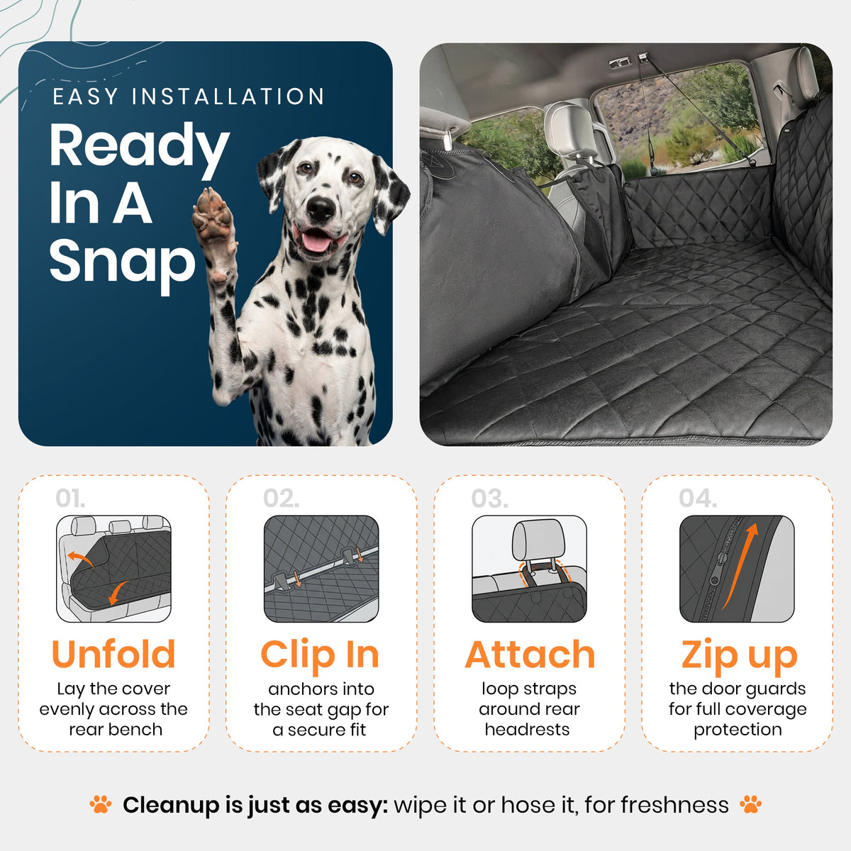 Four-step install guide for the extender: unfold, clip in, attach the straps, zip up the door guards