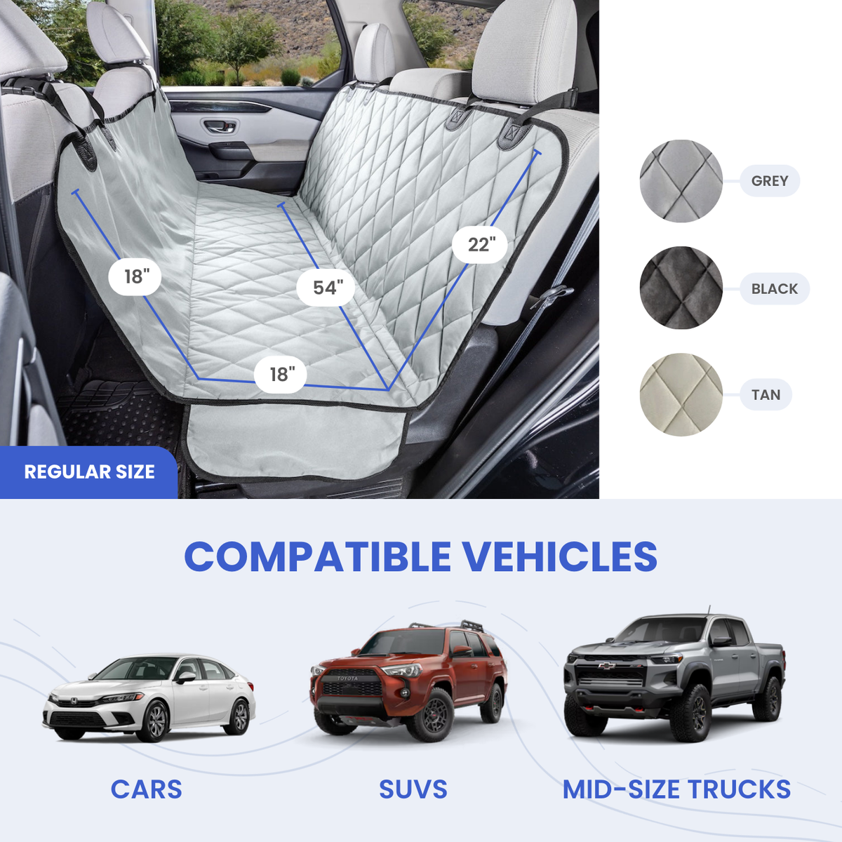 Grey seat cover with its measurements, 54 in wide, plus grey, black and tan swatches and car, SUV and truck icons