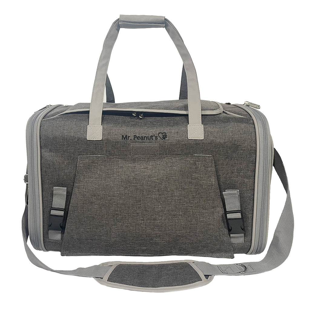 Big Apple XL carrier in Charcoal Ash, closed, with light gray handles and the padded shoulder strap