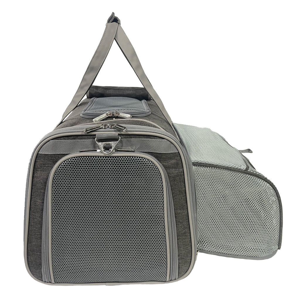 End of the Charcoal Ash Big Apple XL carrier with a large mesh window and the side panel expanded