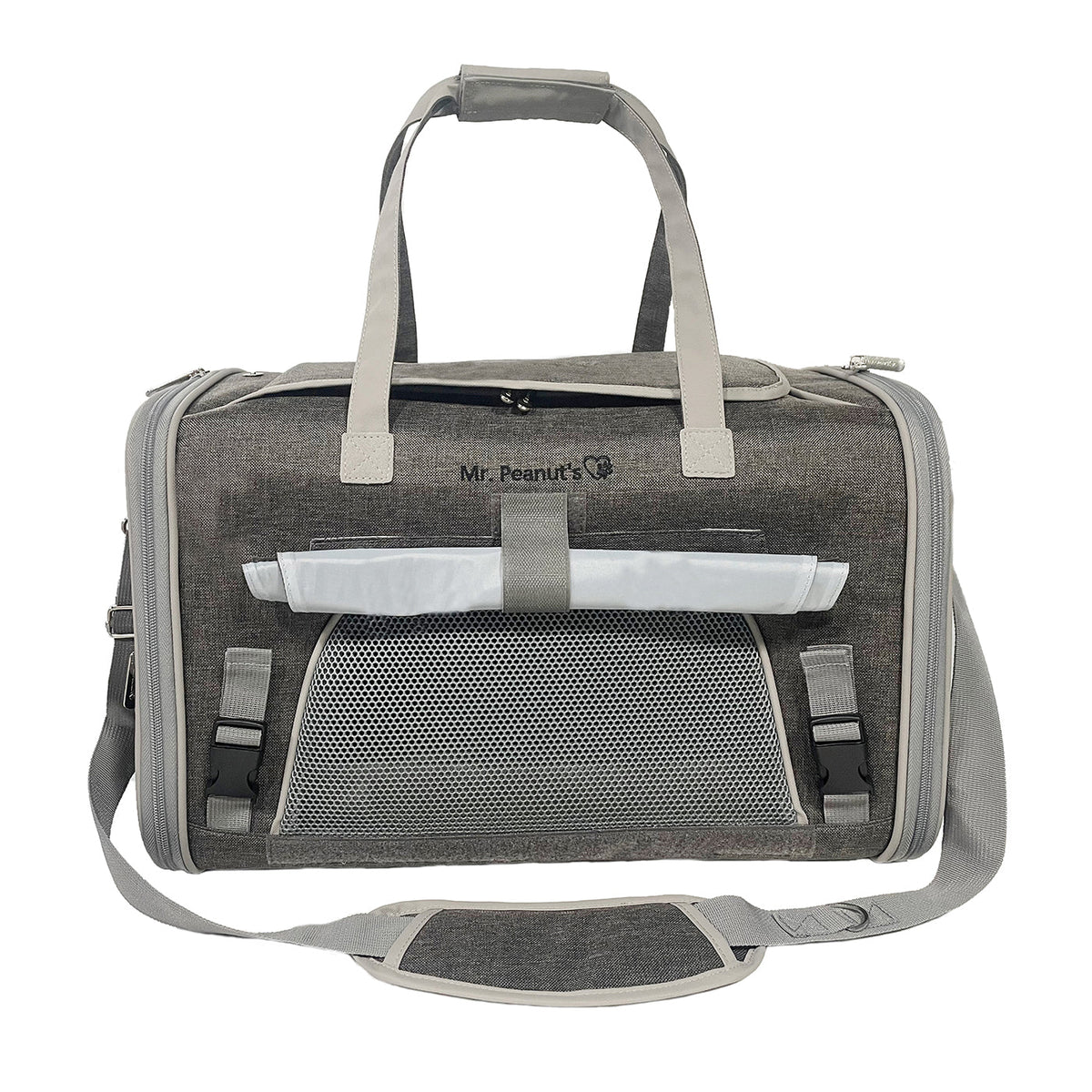 Charcoal Ash Big Apple XL carrier with the privacy cover rolled up to show the front mesh window