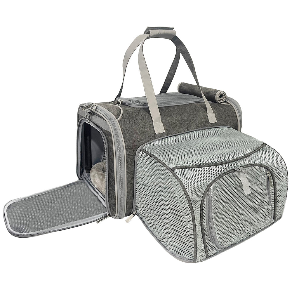Mr. Peanut's Big Apple XL carrier in Charcoal Ash with the front door open and the mesh side panel expanded