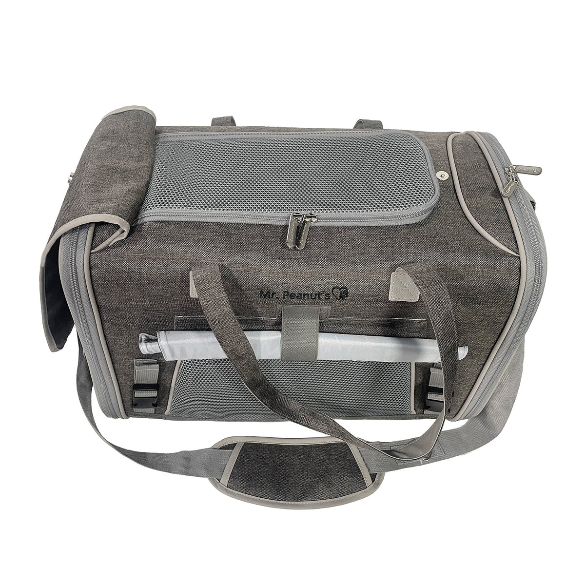 Top of the Charcoal Ash Big Apple XL carrier showing the mesh roof panel and the rolled privacy cover