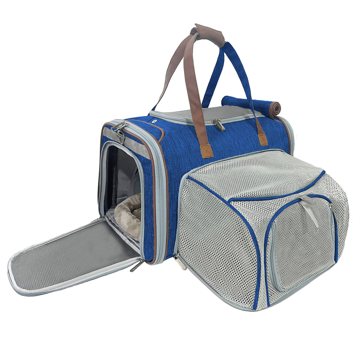 Big Apple XL carrier in Deja Blue with the front door open and the gray mesh side panel expanded