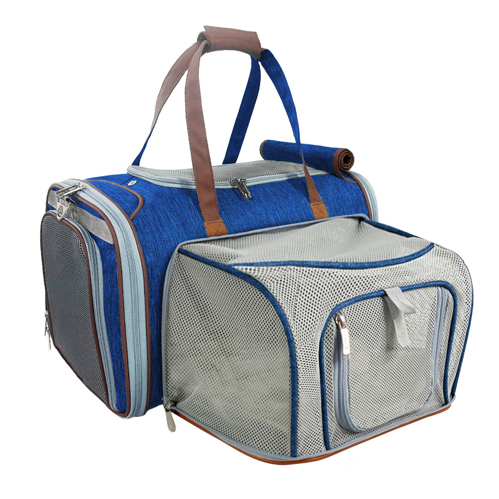 Deja Blue Big Apple XL carrier with brown handles and the mesh side panel expanded