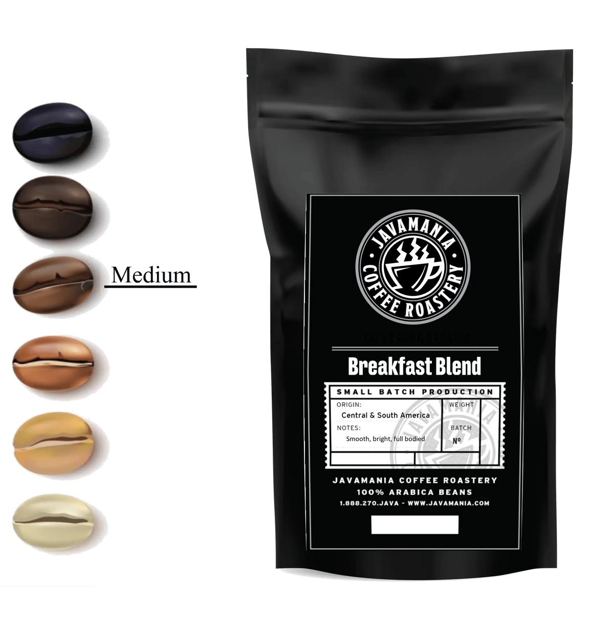 Black JavaMania Breakfast Blend coffee bag next to a scale of coffee beans from dark to light