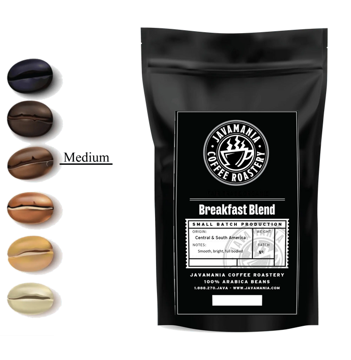 Black JavaMania Breakfast Blend coffee bag next to a scale of coffee beans from dark to light