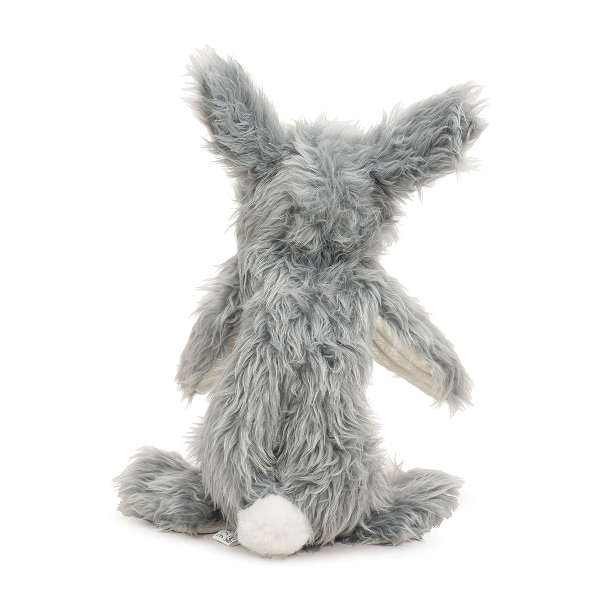 Back view of the gray bunny plush dog toy with a white pom-pom tail