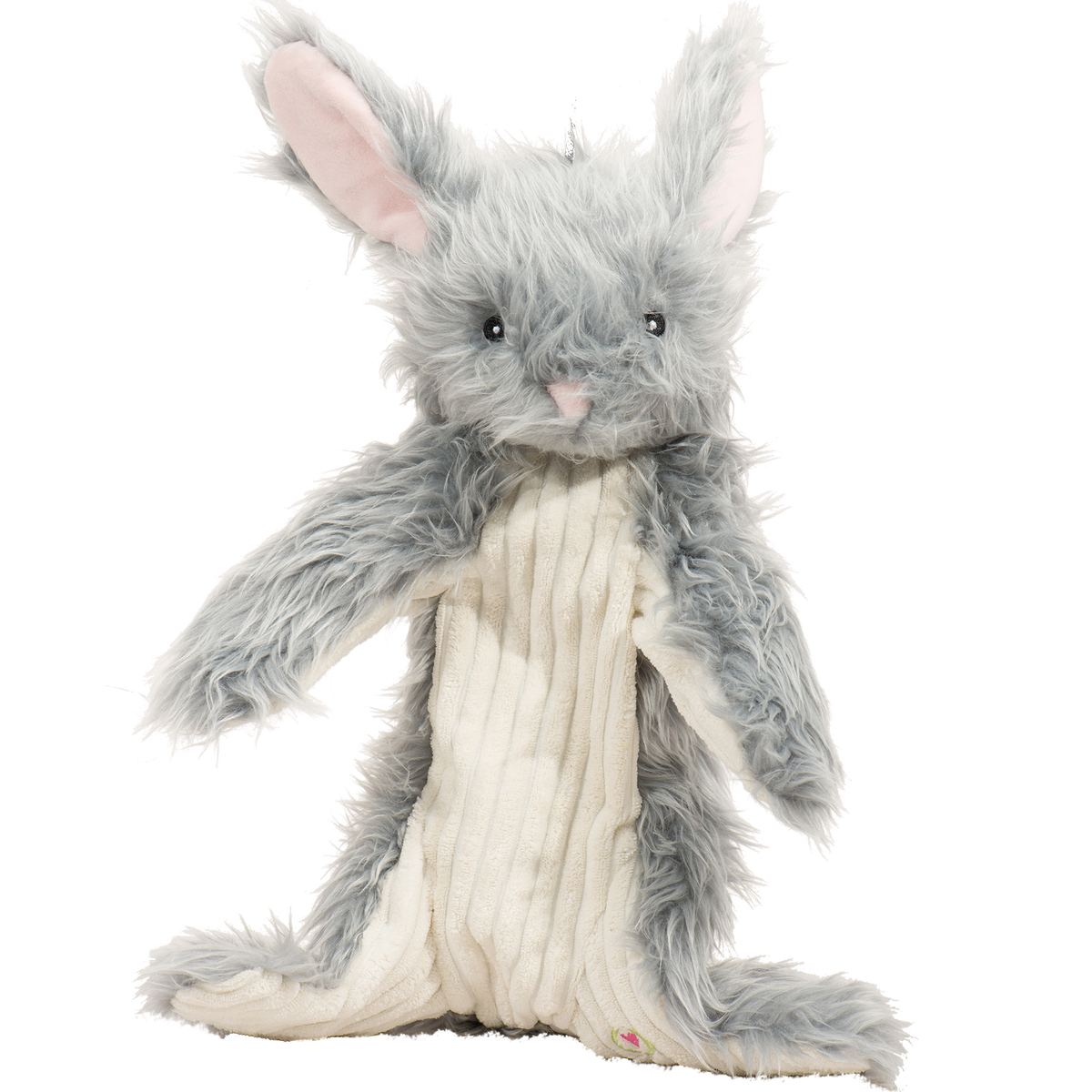 Gray shaggy bunny plush dog toy with pink ears and a cream corduroy belly