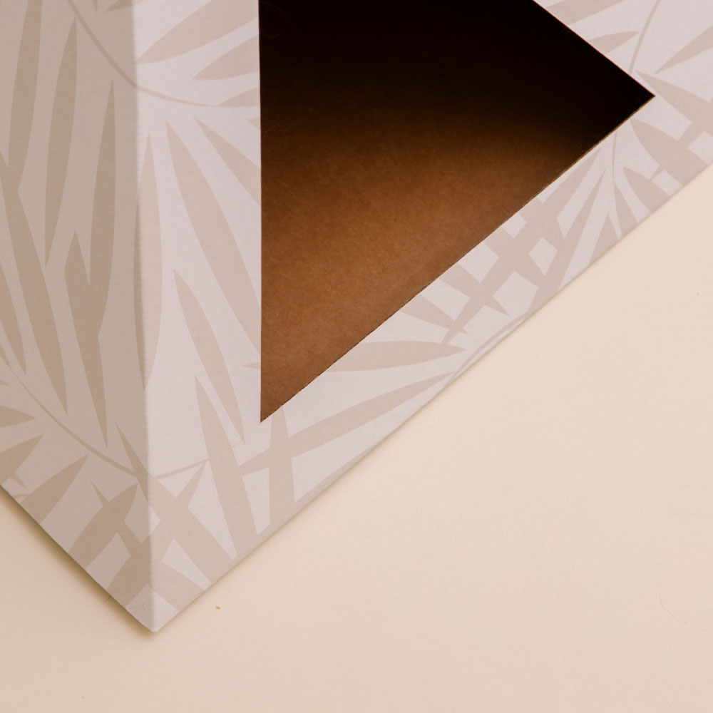 Close-up of the palm-print pyramid's triangle doorway and brown cardboard inside