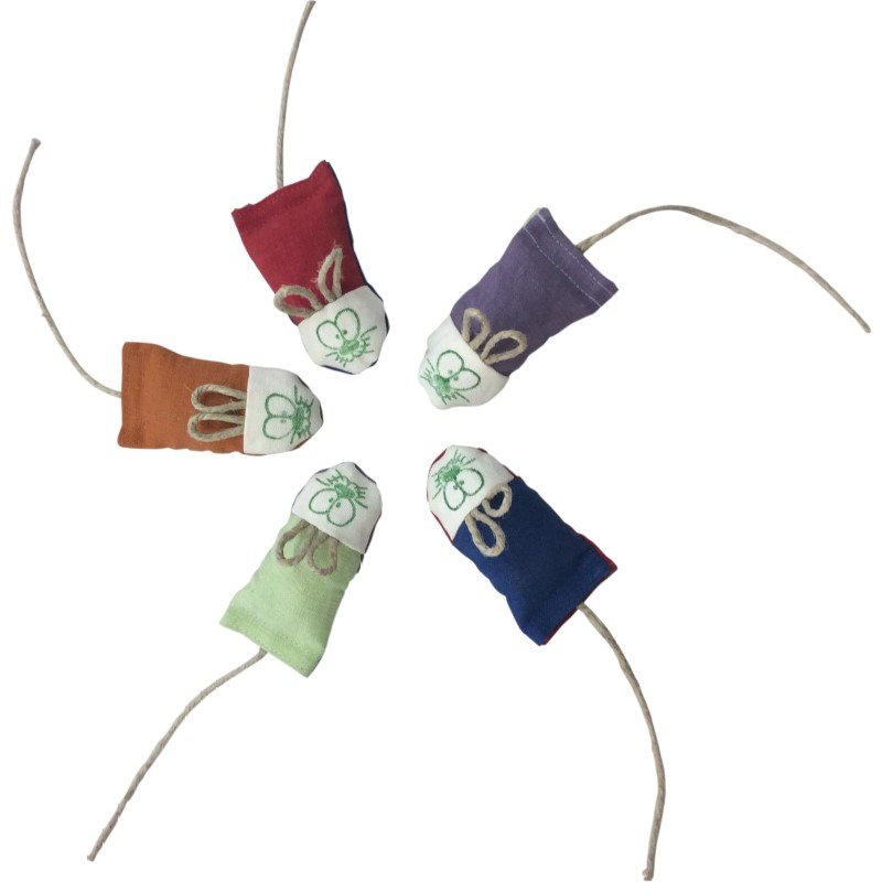 Five fabric catnip mice in red, purple, blue, green and orange arranged in a circle