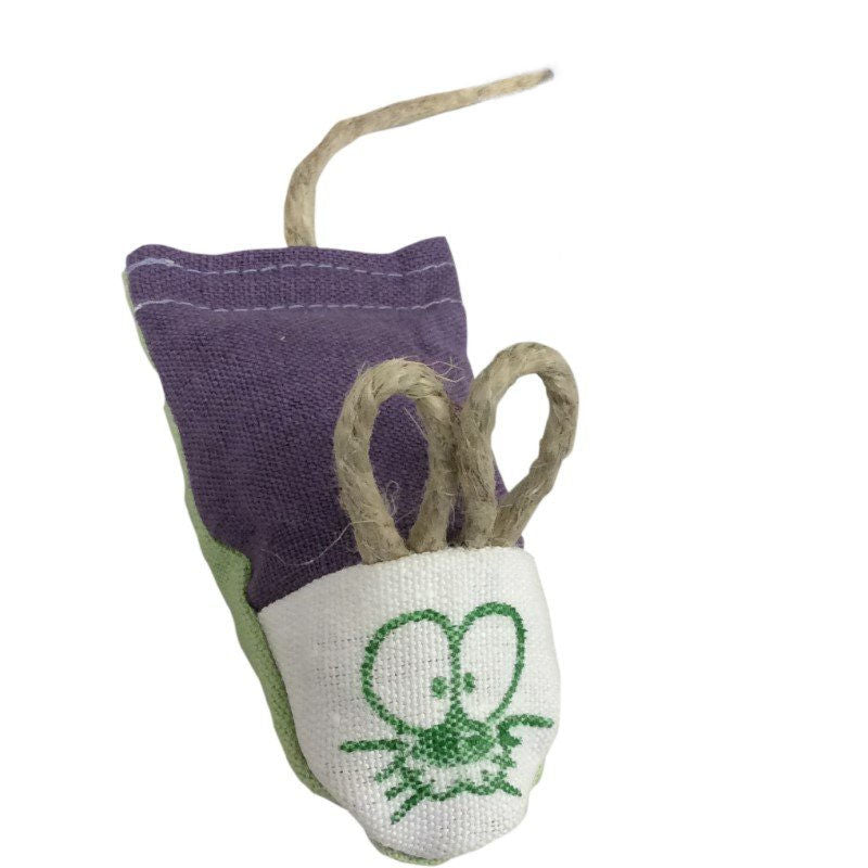 Purple and green fabric catnip mouse toy with a string tail and stitched face