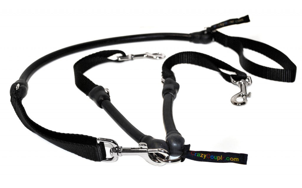 Black two-dog leash coupler shown with clips and handle