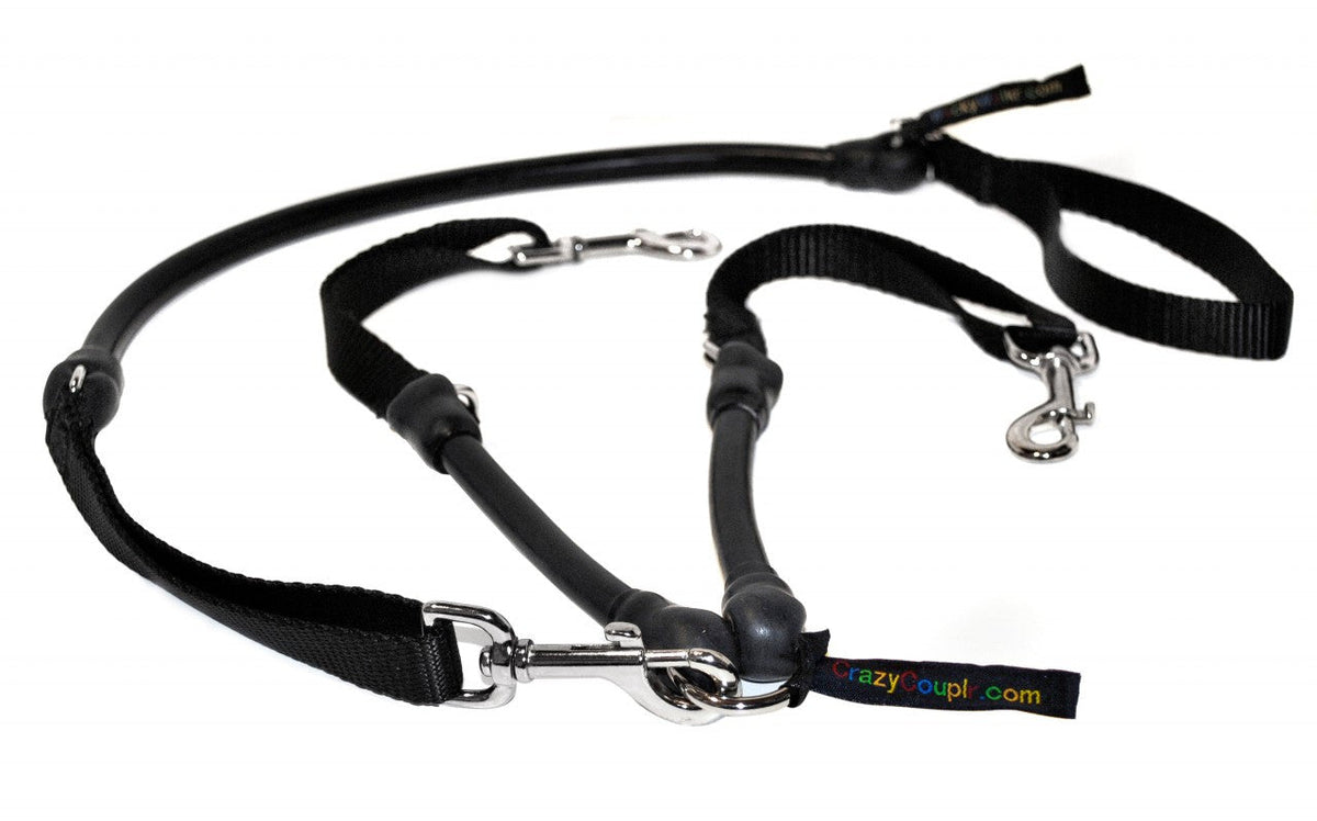 Black two-dog leash coupler shown with clips and handle