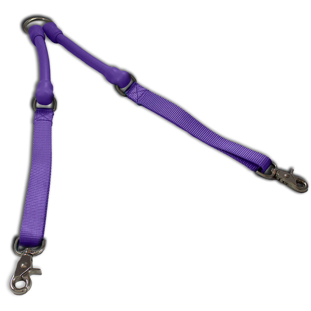Purple two-dog leash coupler with two clips joined by a center ring