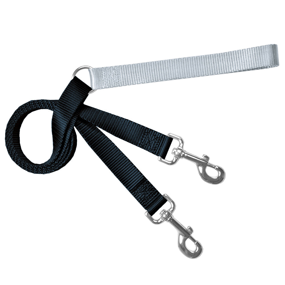 Black and silver double-ended training leash with two metal clips and a handle