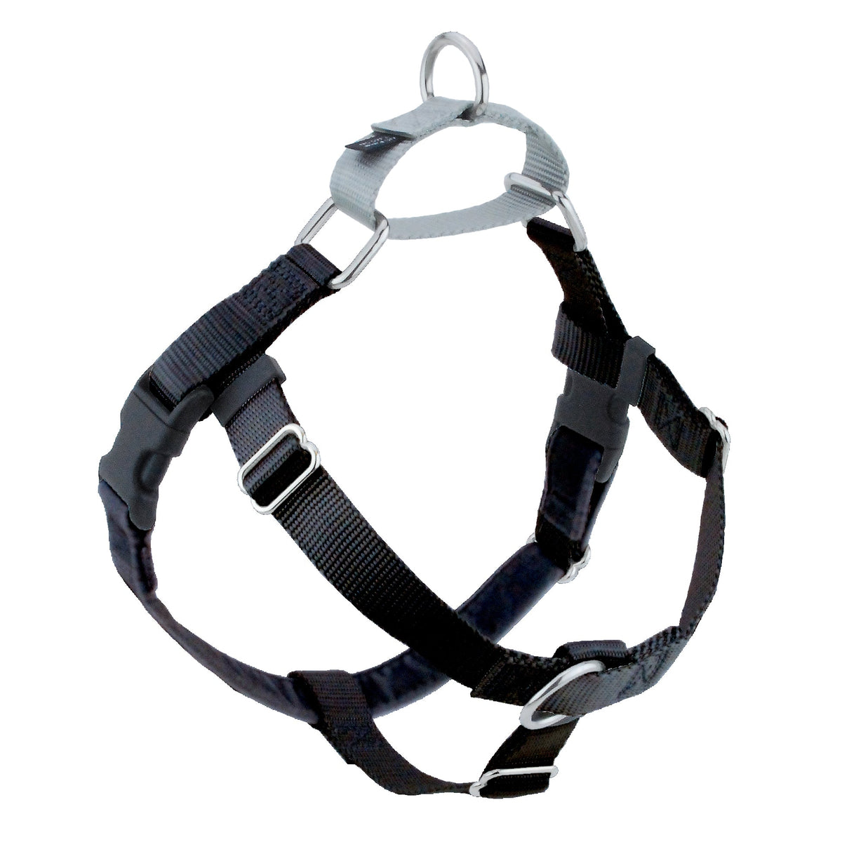 2 Hounds Freedom dog harness in black with black buckles, a front ring and a silver-gray back loop with a metal ring