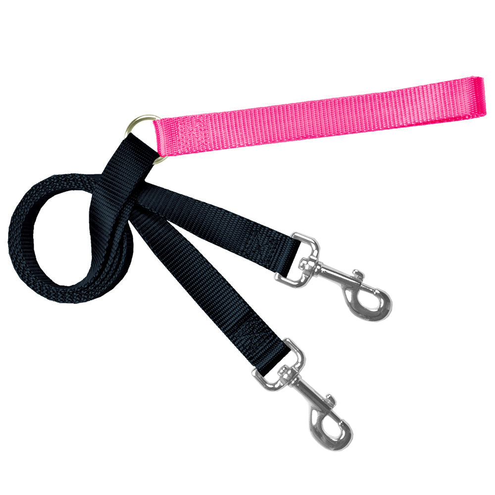 Hot pink and black double-ended training leash with two metal clips and a handle