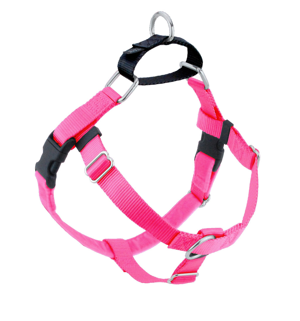 2 Hounds Freedom dog harness in hot pink with black buckles, a front ring and a black back loop with a metal ring
