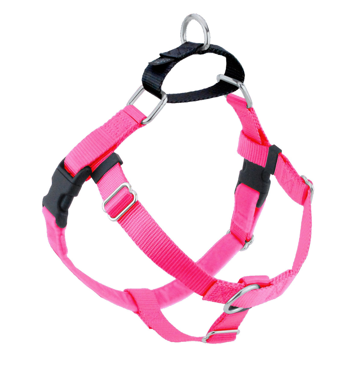 2 Hounds Freedom dog harness in hot pink with black buckles, a front ring and a black back loop with a metal ring