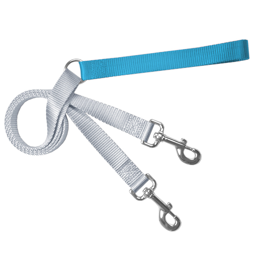 Turquoise and silver double-ended training leash with two metal clips and a handle