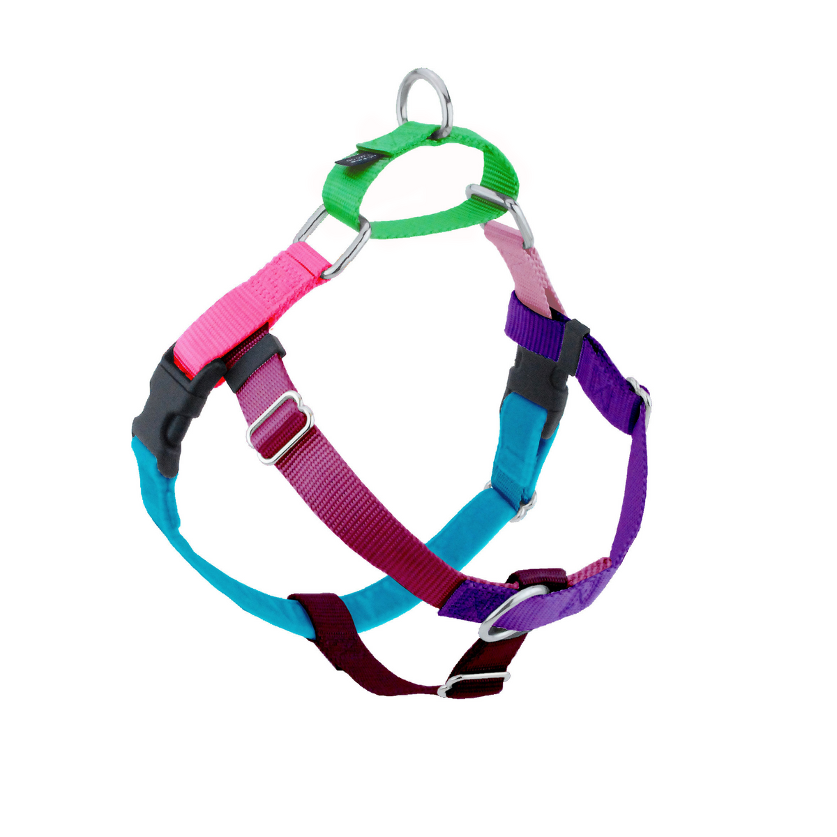 2 Hounds Freedom dog harness in Jellybean Sugar, with pink, purple, teal, green and maroon straps and black buckles