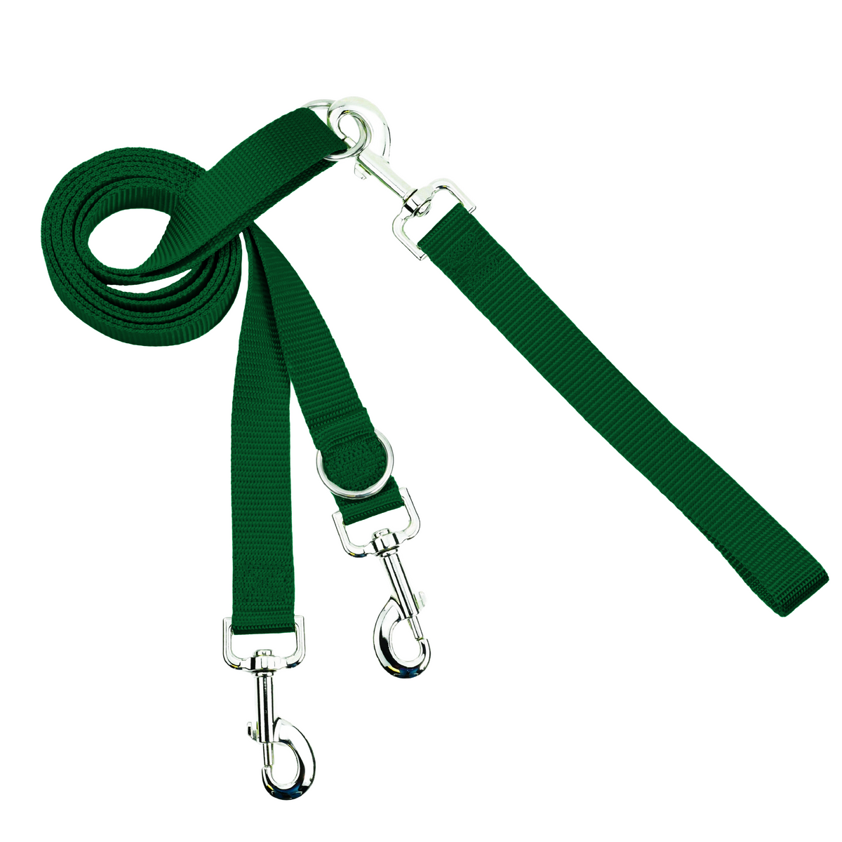 Long kelly green Euro leash with a metal clip at each end and two adjustable rings
