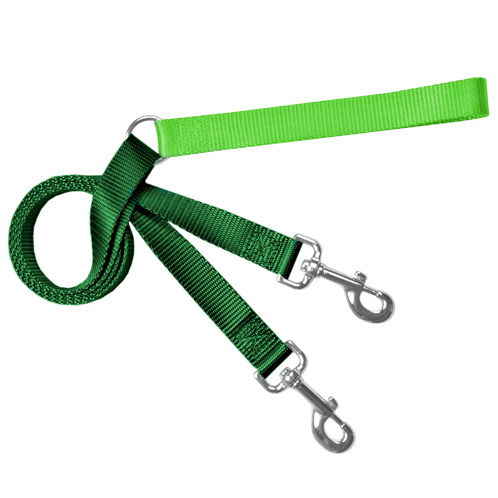Bright green and kelly green double-ended training leash with two metal clips and a handle