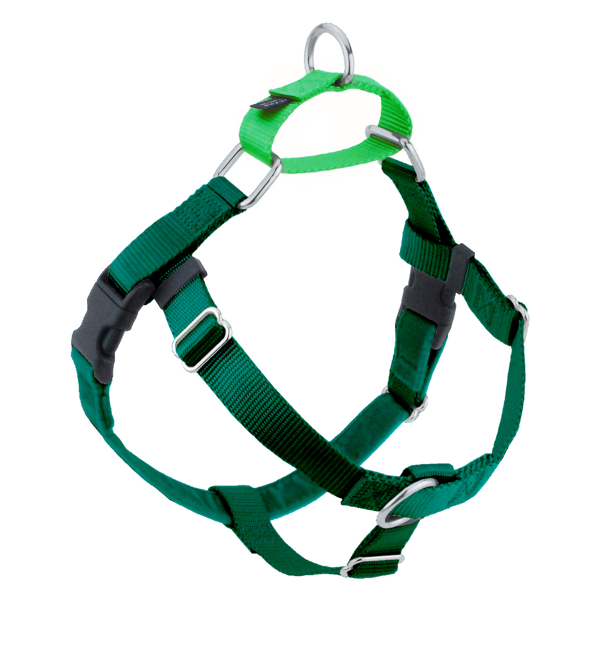 2 Hounds Freedom dog harness in kelly green with black buckles, a front ring and a bright green back loop with a metal ring