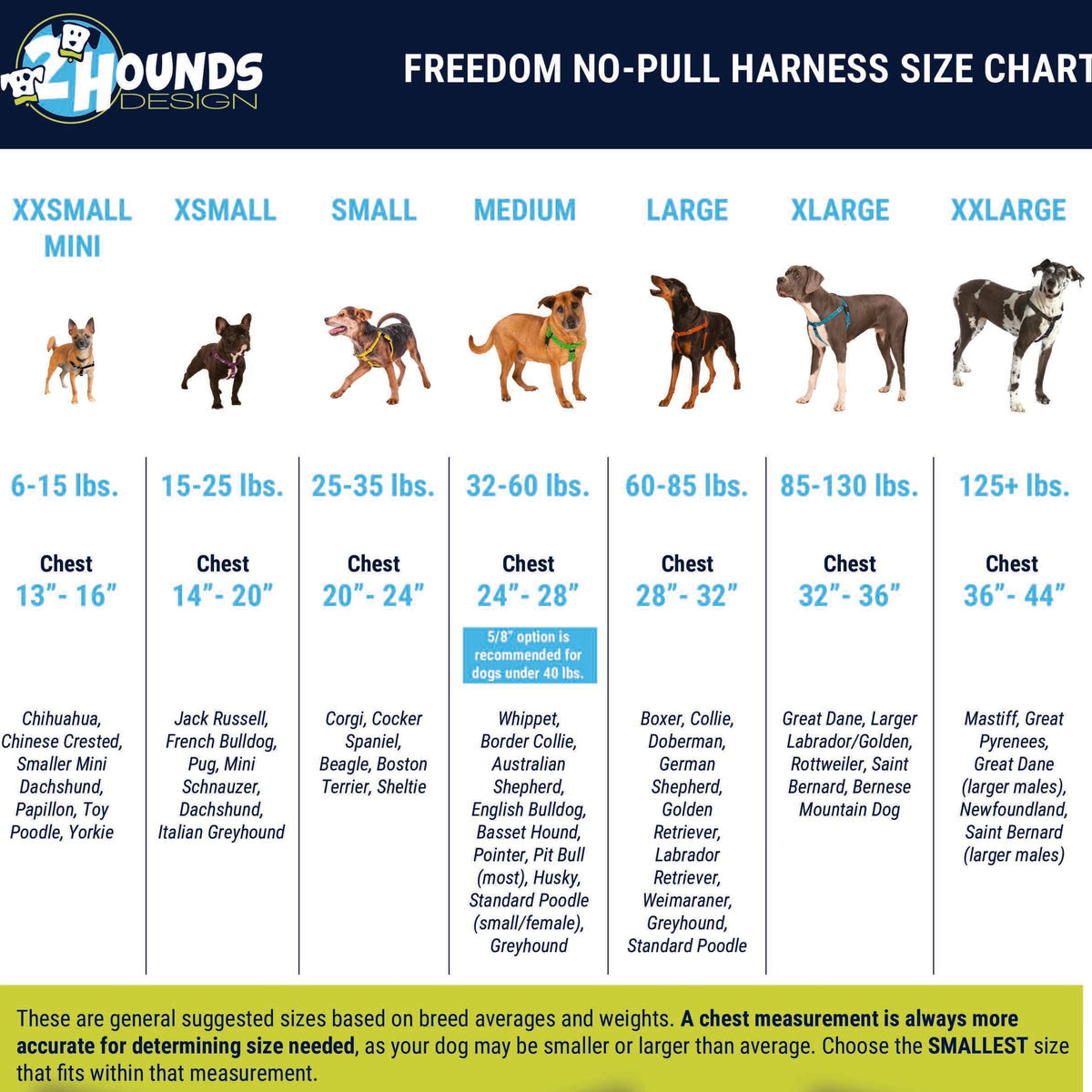 Freedom harness size chart matching chest measurements from 13 to 44 inches to example dog breeds