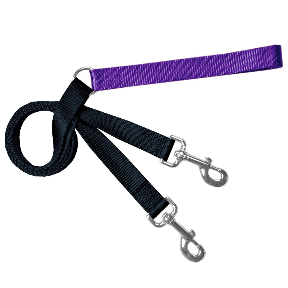 Purple and black double-ended training leash with two metal clips and a handle