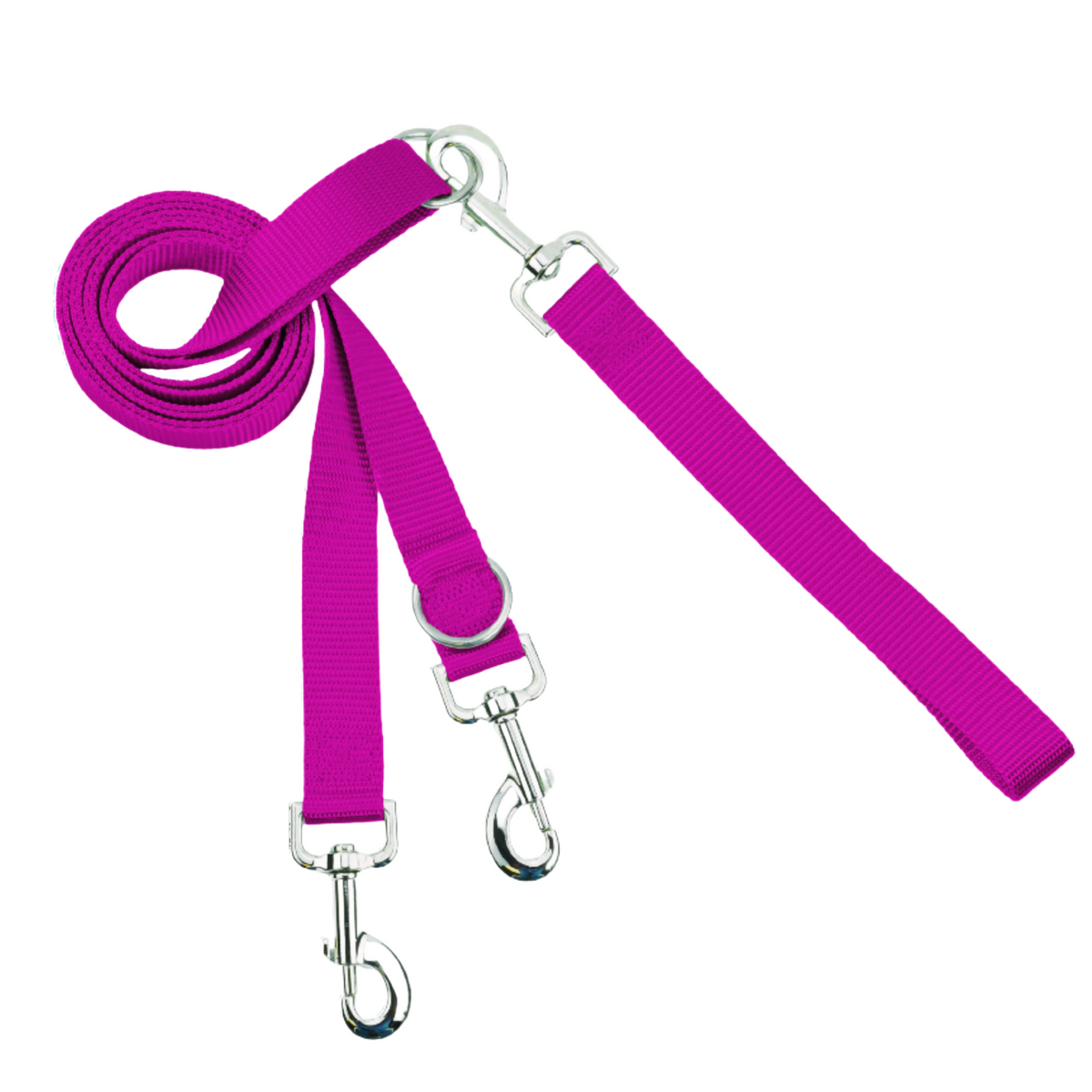 Long raspberry Euro leash with a metal clip at each end and two adjustable rings