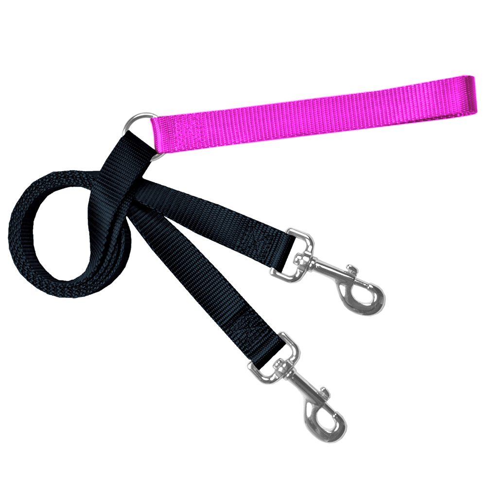 Raspberry and black double-ended training leash with two metal clips and a handle