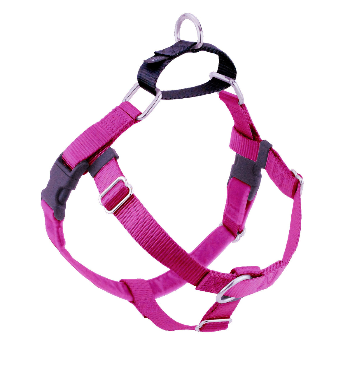 2 Hounds Freedom dog harness in raspberry pink with black buckles, a front ring and a black back loop with a metal ring