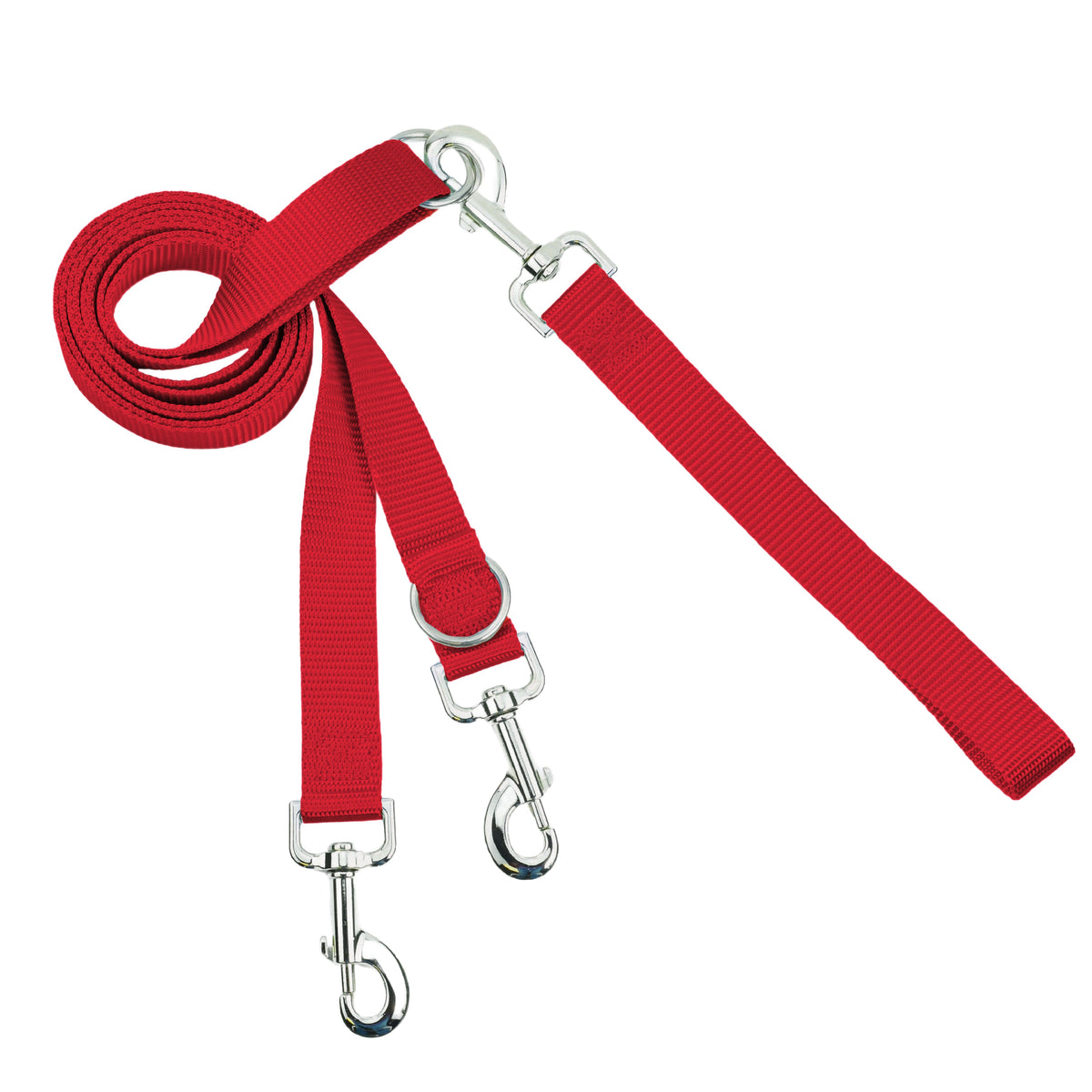 Long red Euro leash with a metal clip at each end and two adjustable rings