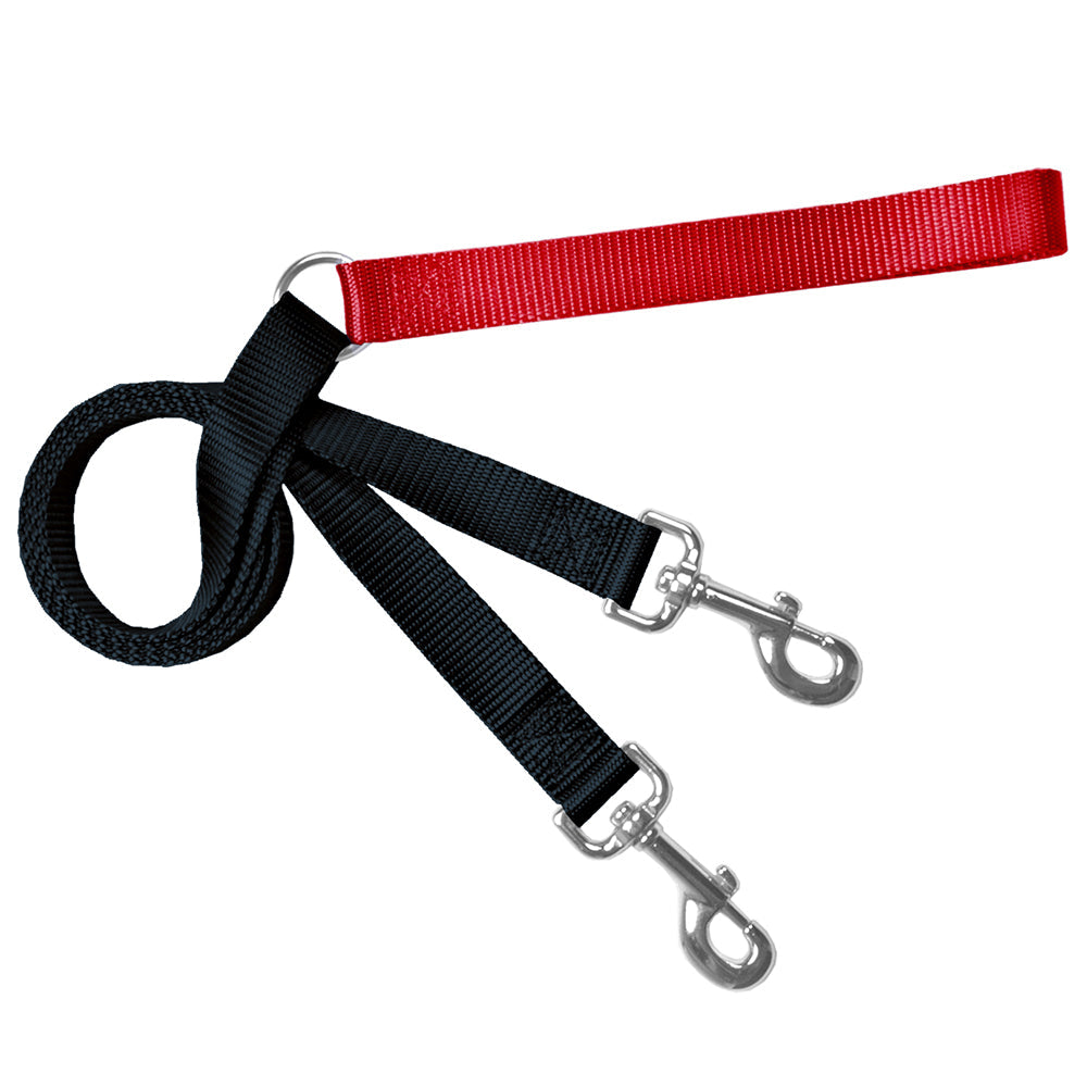Red and black double-ended training leash with two metal clips and a handle