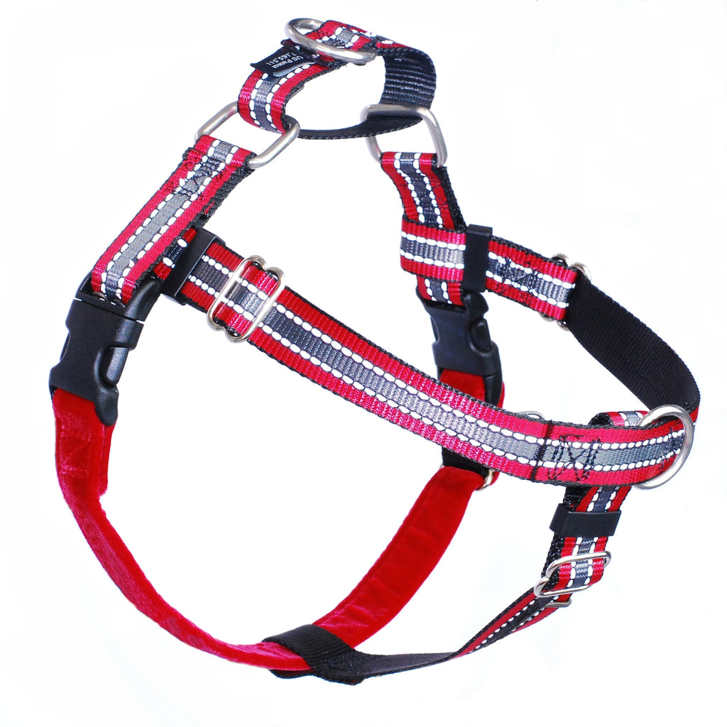 2 Hounds Freedom dog harness in red with silver reflective stitching, black buckles and a black chest strap