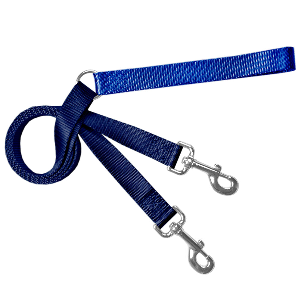Royal blue and navy double-ended training leash with two metal clips and a handle