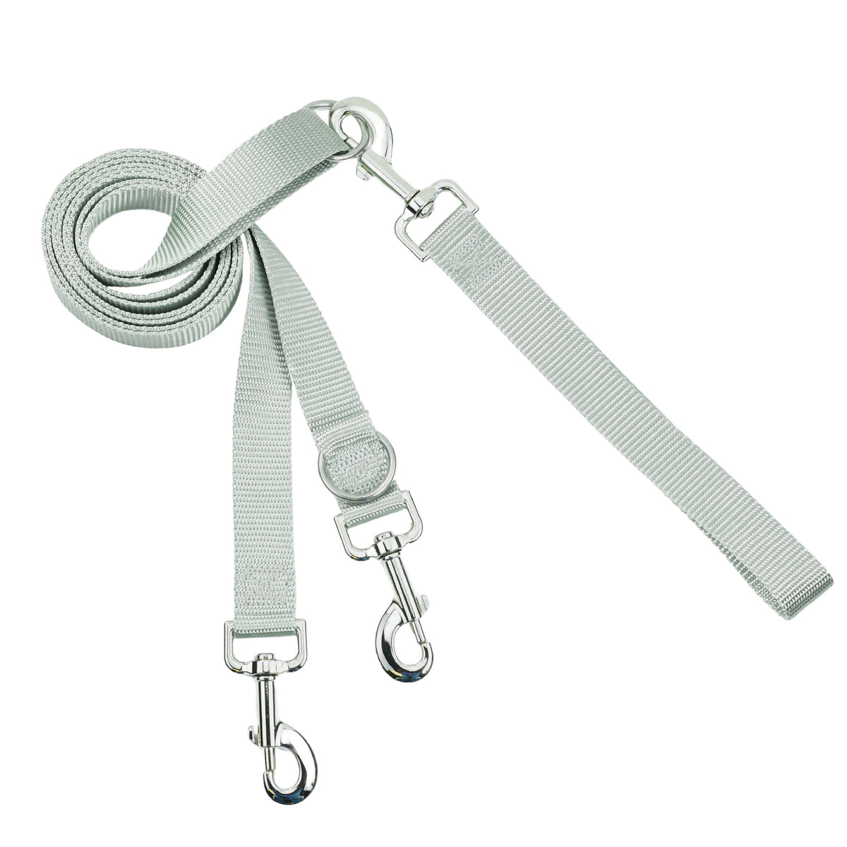 Long silver gray Euro leash with clips at both ends and a sliding ring for adjusting the length