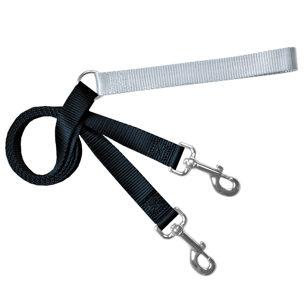 Silver and black double-ended training leash with two metal clips and a handle