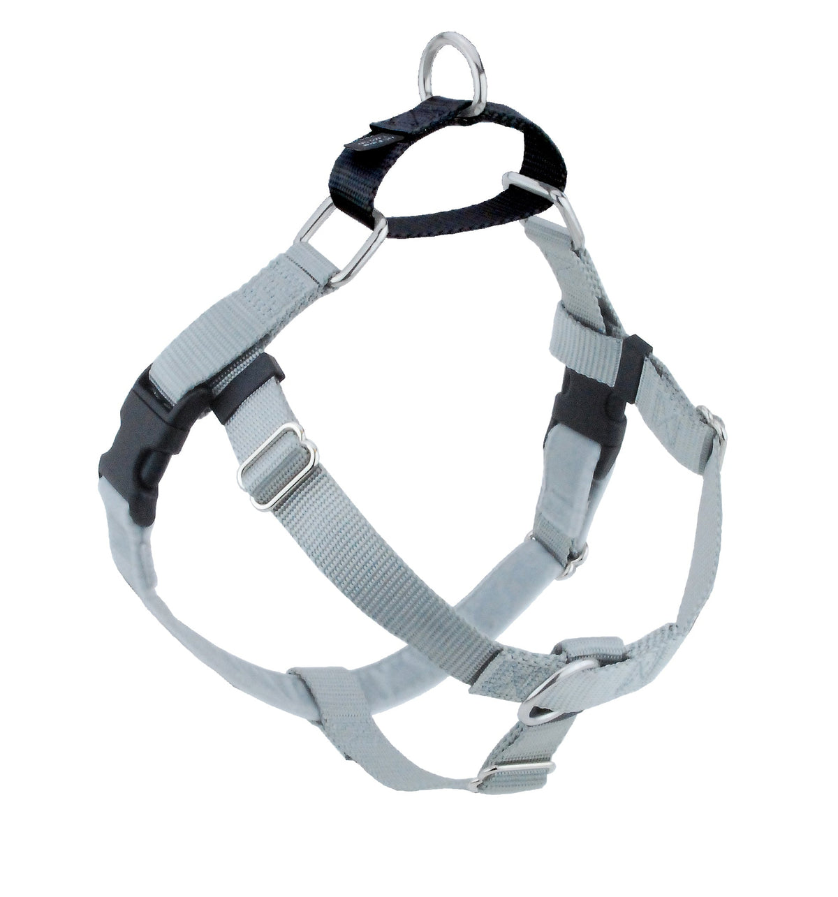 2 Hounds Freedom dog harness in silver gray with black buckles, a front ring and a black back loop with a metal ring