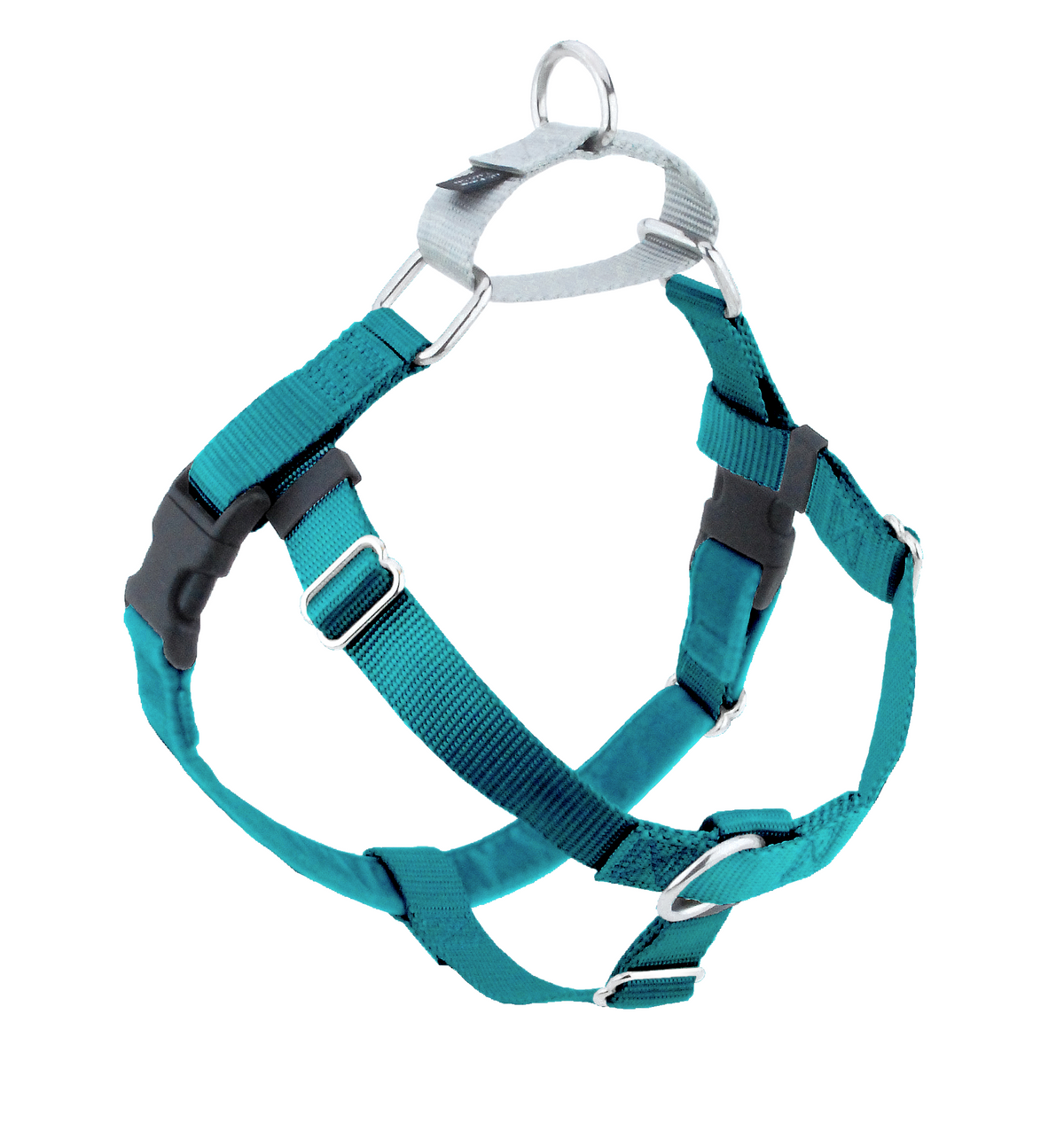 2 Hounds Freedom dog harness in teal with black buckles, a front ring and a silver-gray back loop with a metal ring