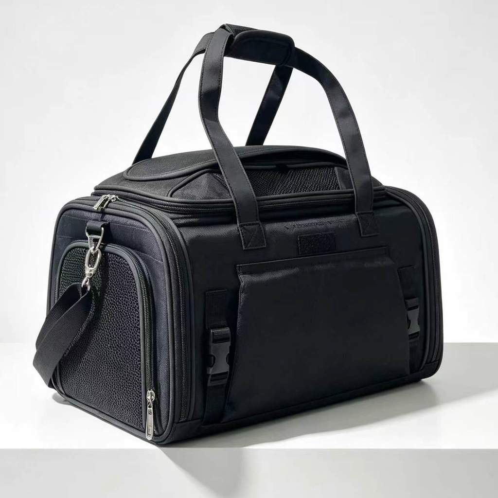 Black Gold Series Mini carrier closed, with the carry handles up and the side buckles fastened