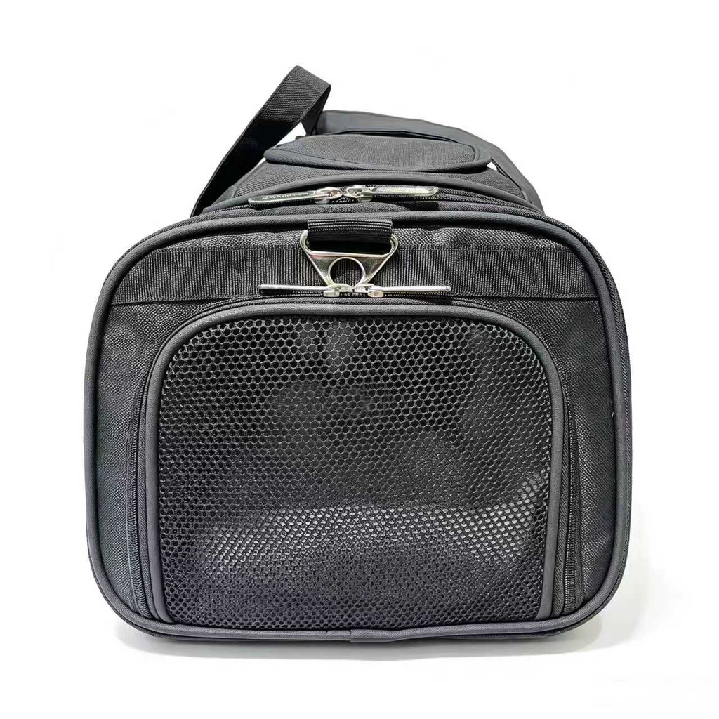 End of a black Gold Series Mini carrier showing the large mesh window and the metal strap ring