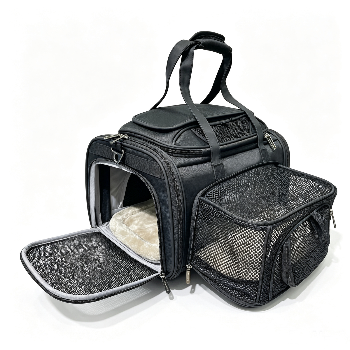 Gold Series Mini carrier in Black with the front door open and the mesh side panel expanded