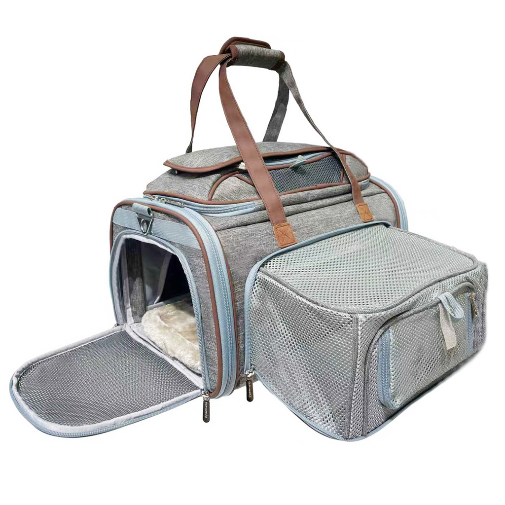 Mr. Peanut's Gold Series Mini carrier in Platinum Gray with the front door open and the mesh side panel expanded